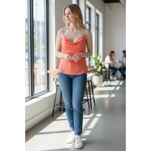 RAMY BROOK Top NEW Size L Abigail Cowl Neck Tank $195 Satin Coral Orange